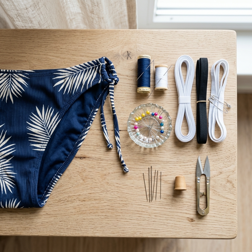 needle thread and elastic arranged next to bikini bottoms for alteration