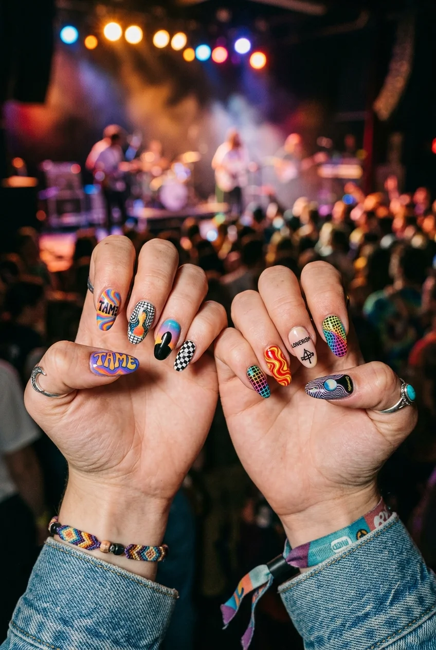 30 Tame Impala Nail Art Designs to Rock Your Next Concert 46 Mismatched Indie Concert Nail Art