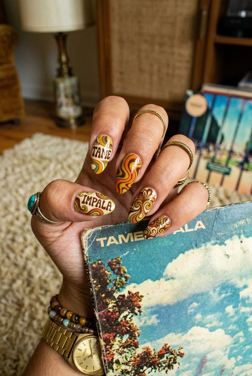 30 Tame Impala Nail Art Designs to Rock Your Next Concert 54 1970s Vintage Wallpaper Mustard and Brown Swirls