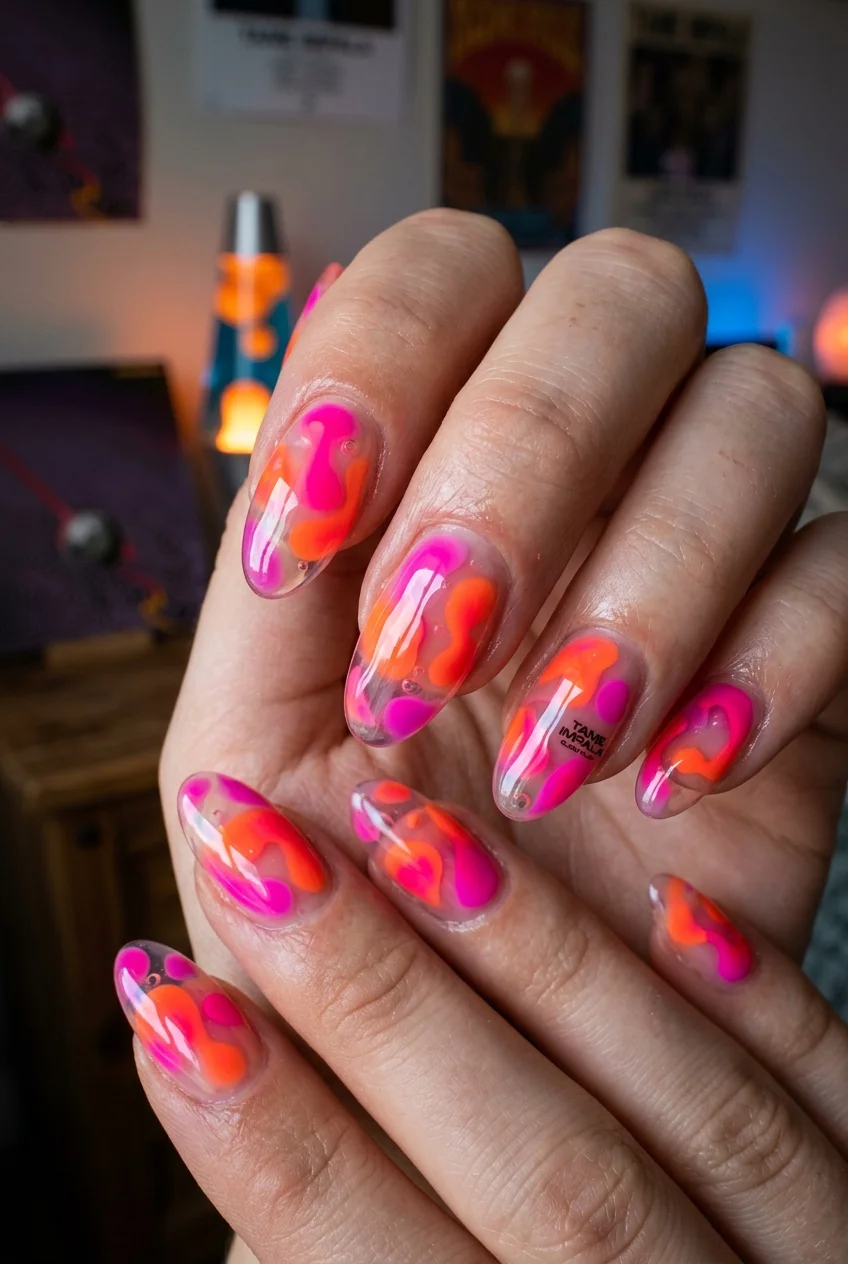 30 Tame Impala Nail Art Designs to Rock Your Next Concert 55 Lava Lamp Jelly Nails with Floating Neon Blobs