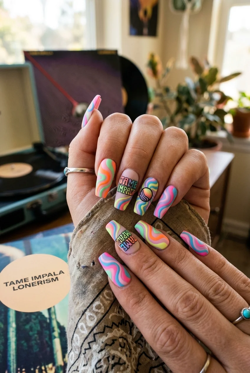 30 Tame Impala Nail Art Designs to Rock Your Next Concert 37 70s Retro Waves: A Nostalgic Touch
