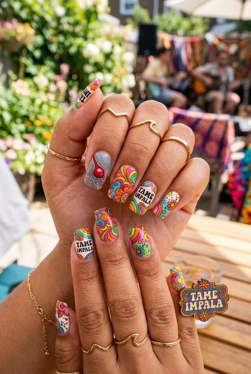 30 Tame Impala Nail Art Designs to Rock Your Next Concert 39 Reverse Stamping for Groovy Floral Swirls