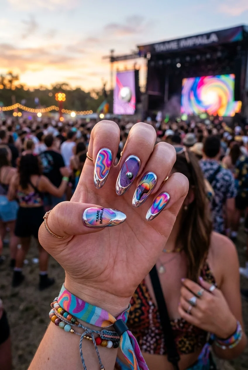 30 Tame Impala Nail Art Designs to Rock Your Next Concert 40 Chrome Isolation: Melting Effects Catching the Light