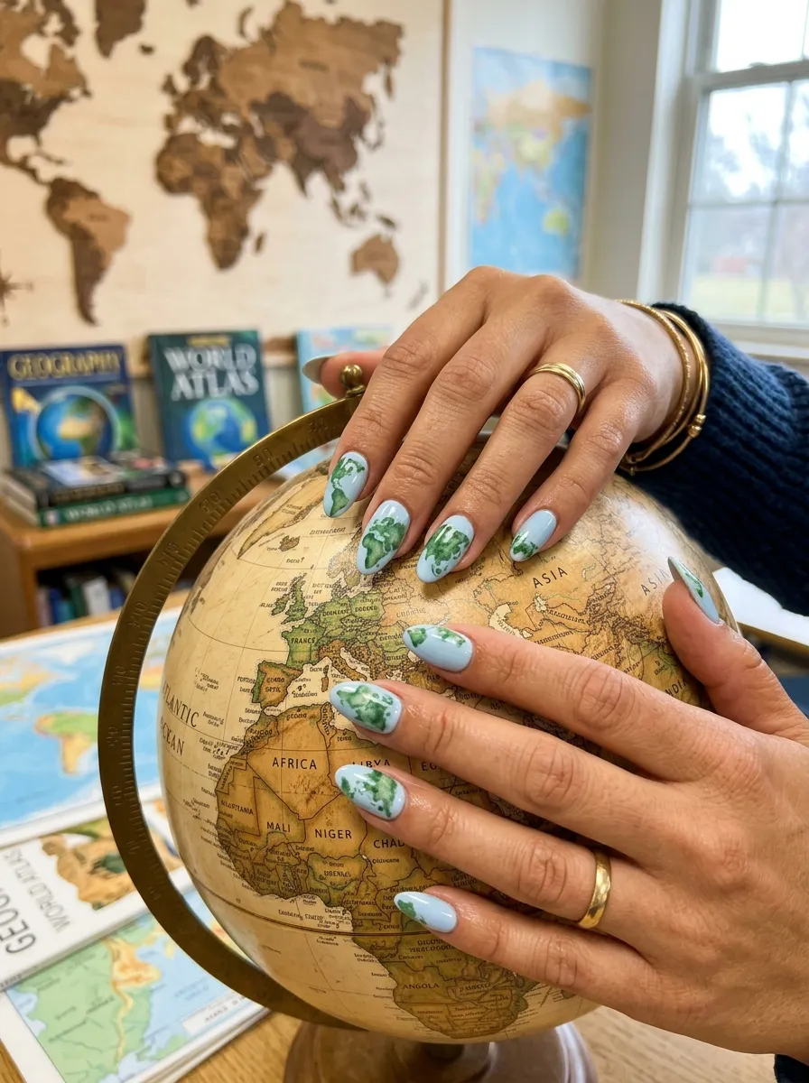 Watercolor Globe & Continents teacher nail design