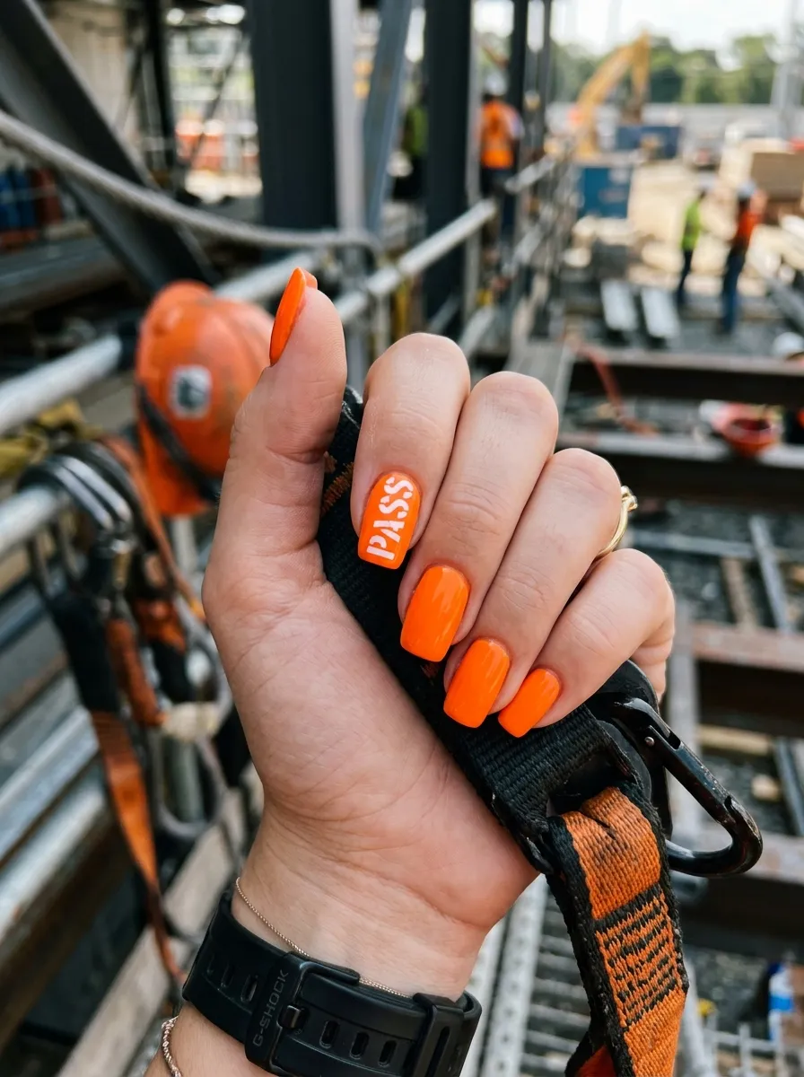 Neon Orange Hall Pass teacher nail design