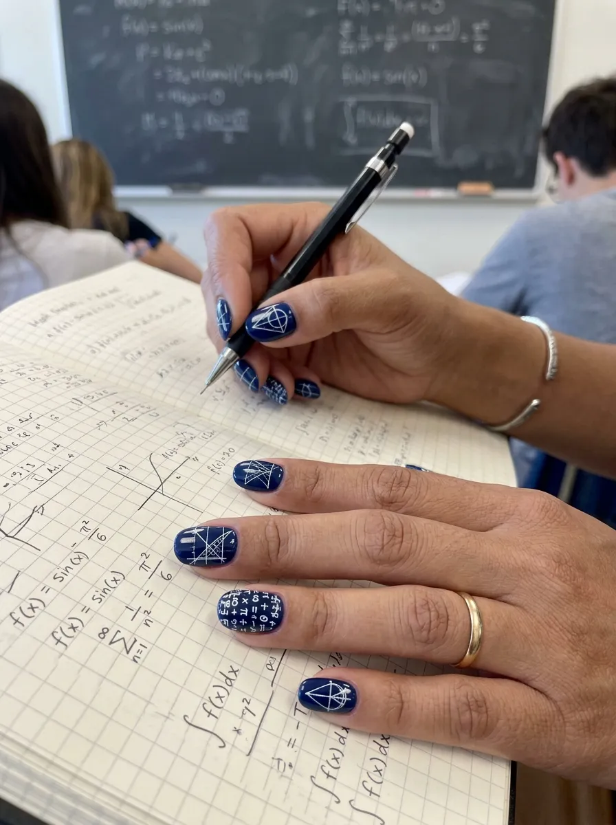 Navy & White Math Symbols teacher nail design