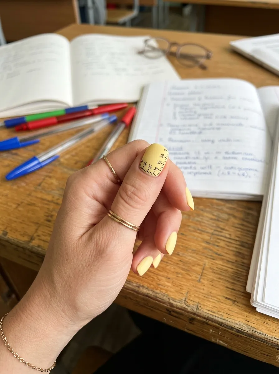 Yellow Wooden Ruler Tick Marks teacher nail design