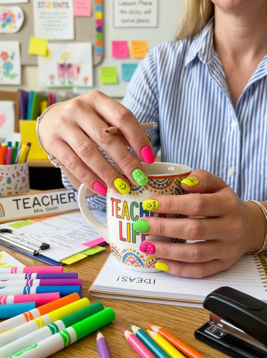 Matte Neon Sticky Notes teacher nail design
