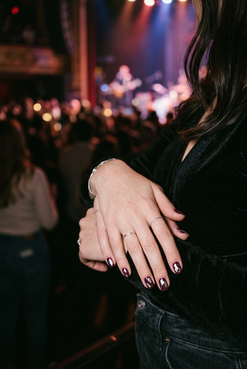 30 Best Concert Nails for Your Next Big Show 9 Deep Plum with Silver Foil