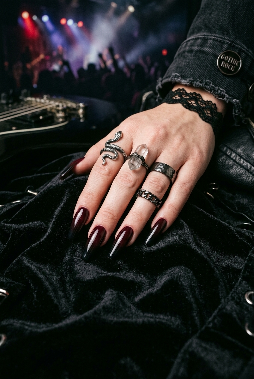 30 Best Concert Nails for Your Next Big Show 14 Long Coffin Black Cherry Ombre