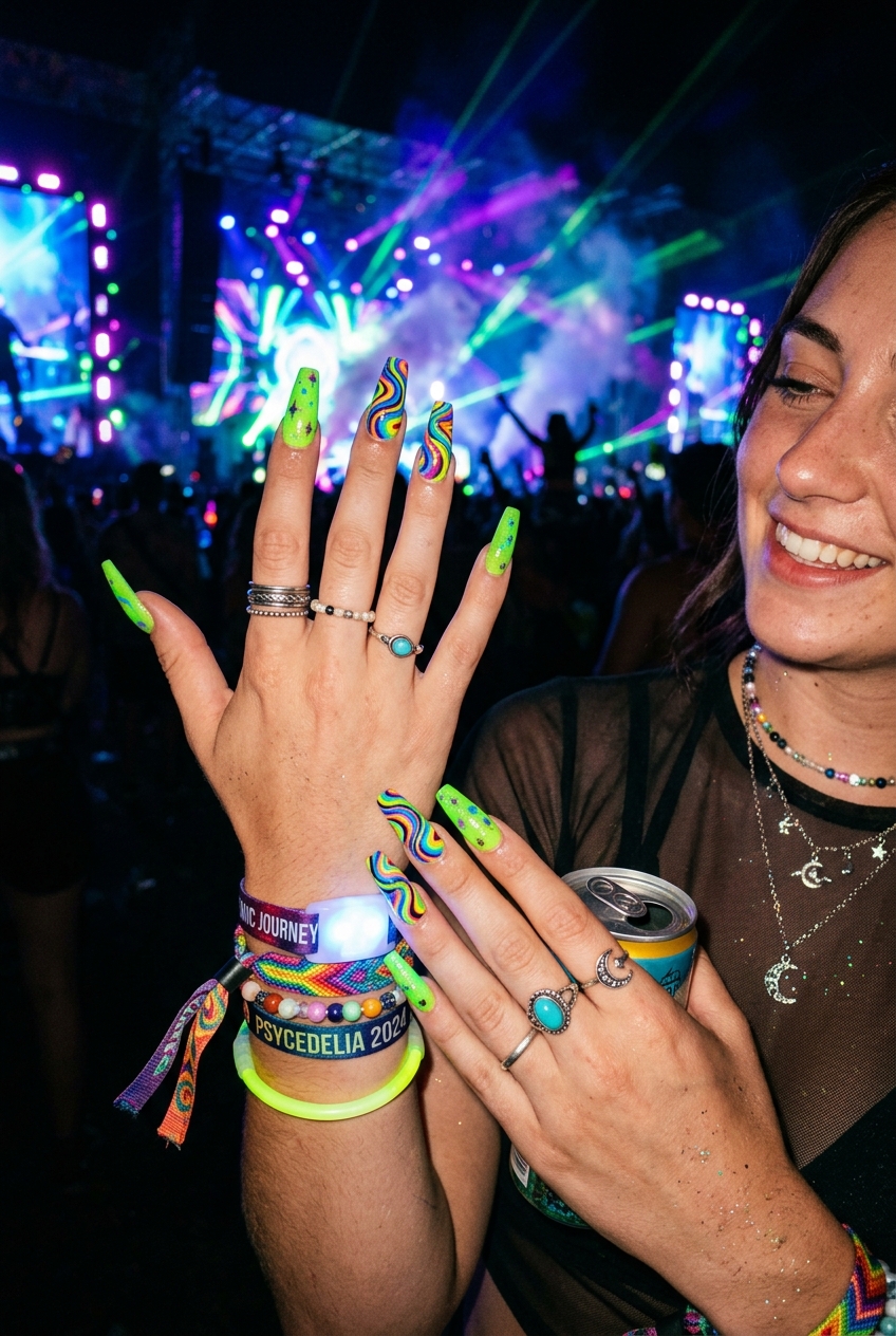 30 Best Concert Nails for Your Next Big Show 15 Neon Green with Abstract Swirls