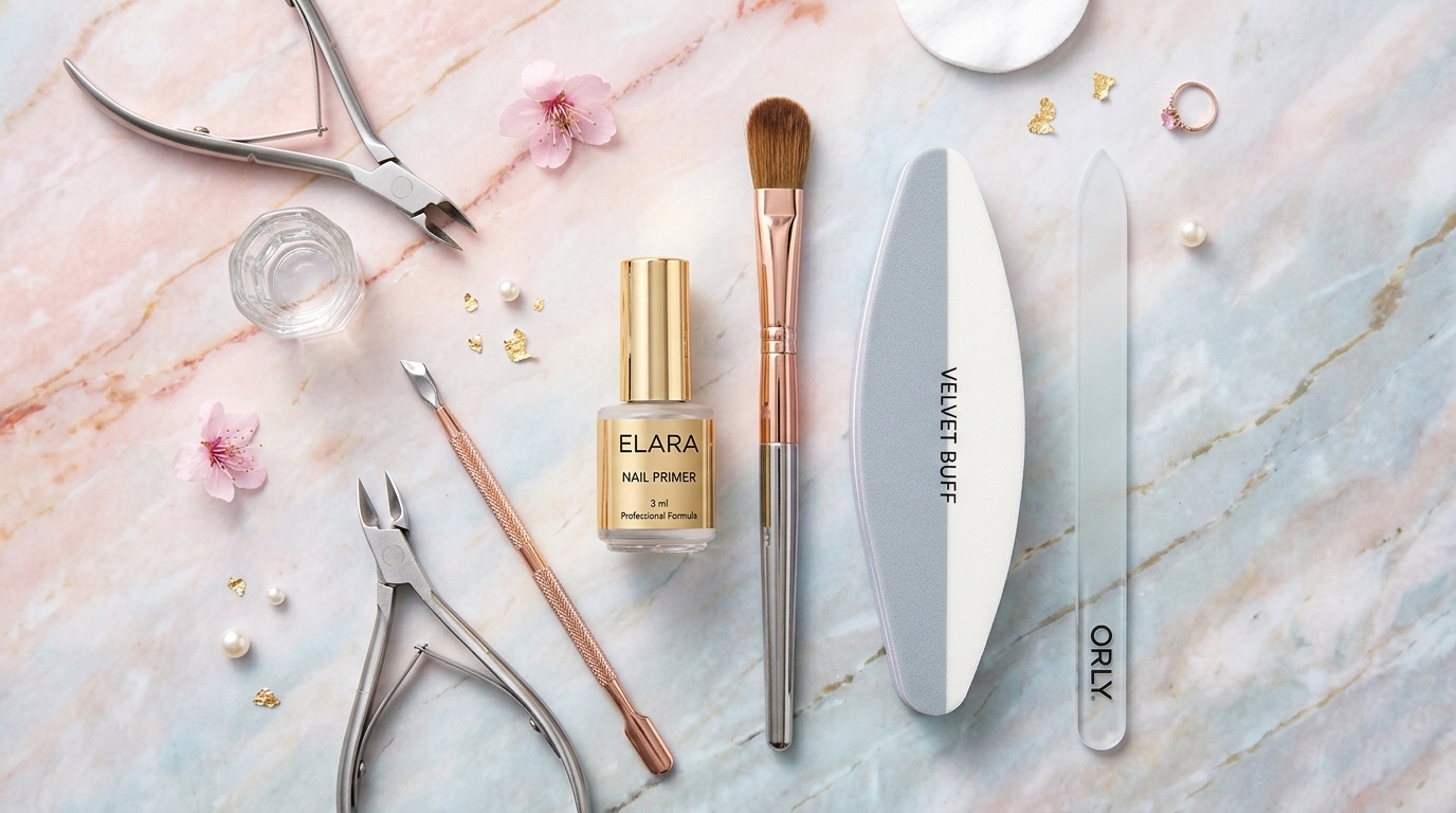What Is Nail Primer & How To Correctly Use It For Perfect Nails: An Ultimate Guide 3 Flat lay of professional nail care tools including nail primer, brush, and buffer