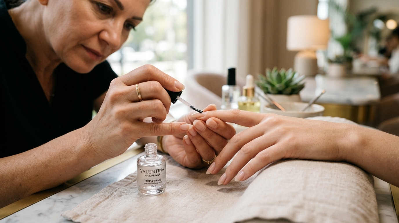 What Is Nail Primer & How To Correctly Use It For Perfect Nails: An Ultimate Guide 4 Close-up of a manicurist applying nail primer to a perfectly shaped nail