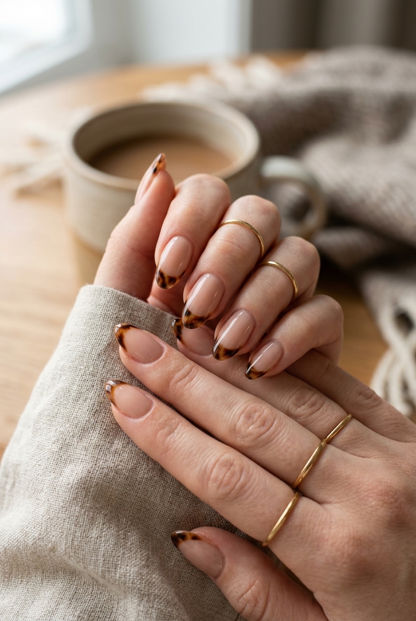 1. Subtle Tortoiseshell French Tips for a Modern Edge