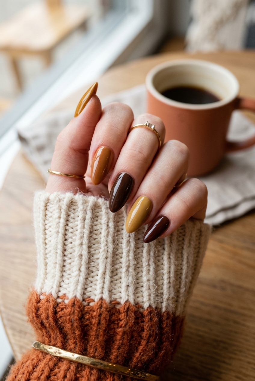 7. Mustard and Brown Mismatched Abstract Nails