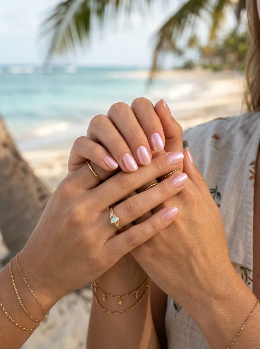 Pearl Shimmer Topcoats: Elevating Basic Nudes with Seaside Iridescence - perfect vacation nails idea