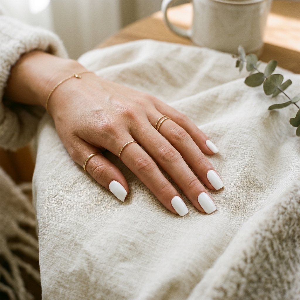 A stylish hand resting on a soft fabric showing off a fresh stark white nail polish manicure