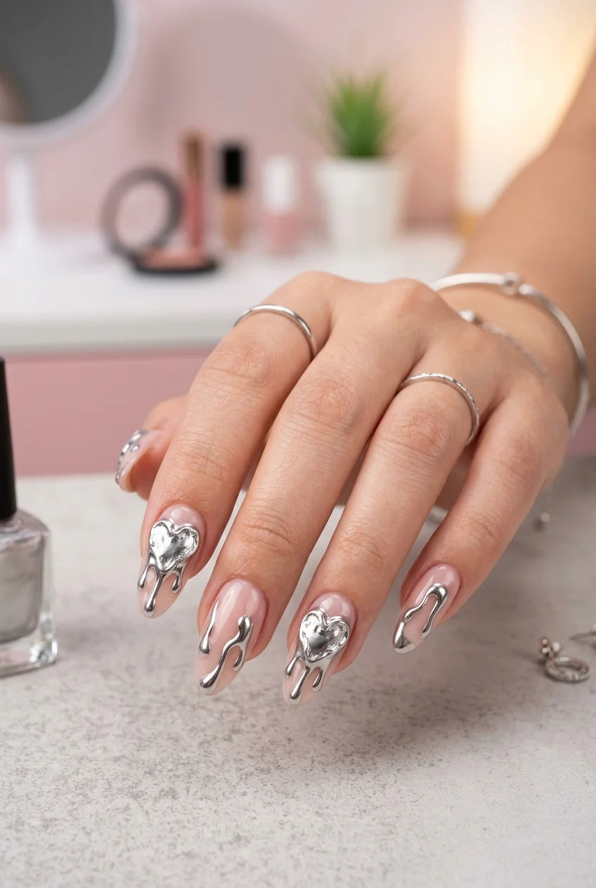 3D Molten Silver Heart Puddle Gel Nails - aespa nail designs (AI Generated Image)