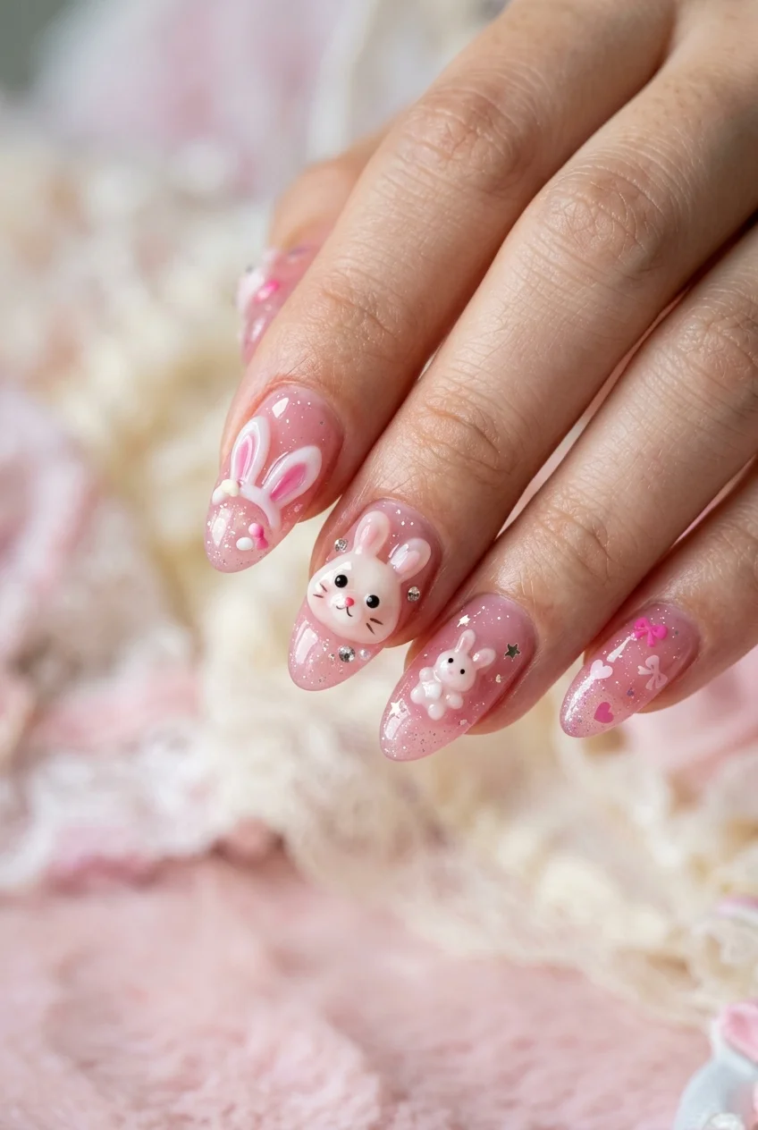 newjeans nail art 3d sculpted tokki bunny nails with translucent jelly ears (AI Generated Image)