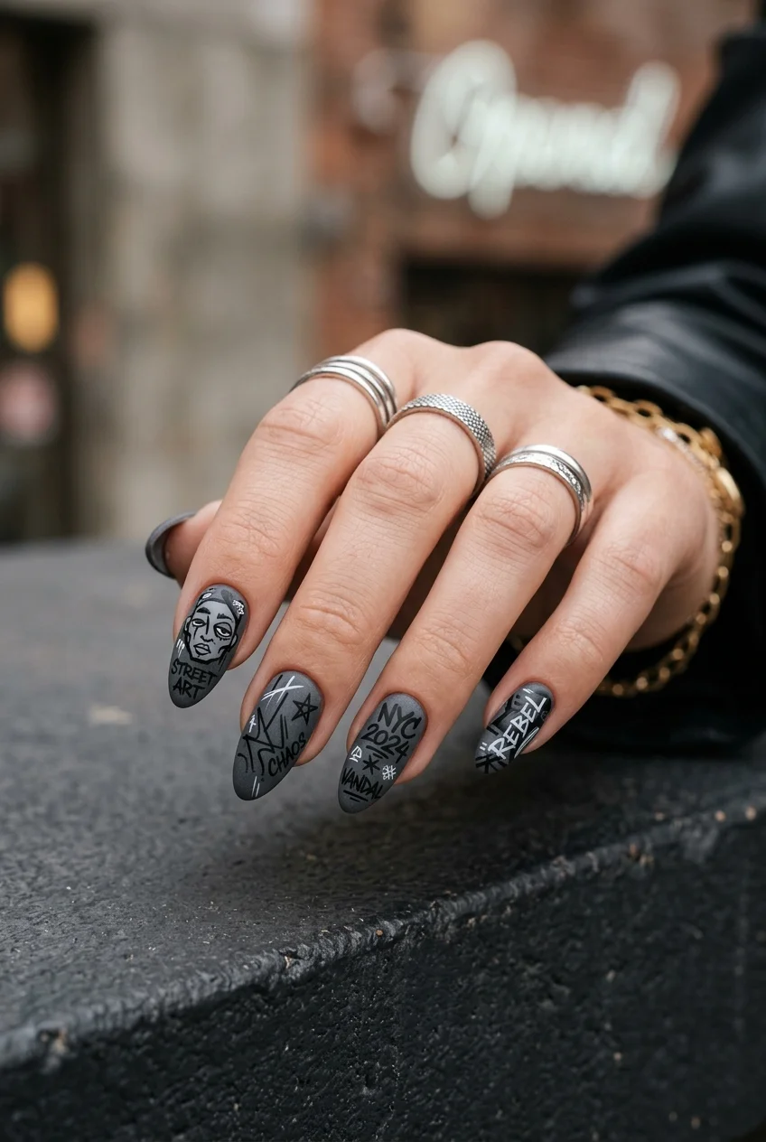 Sub-Unit 3RACHA Dark Streetwear Graffiti & Matte Finish Nails - stray kids nail designs (AI Generated Image)