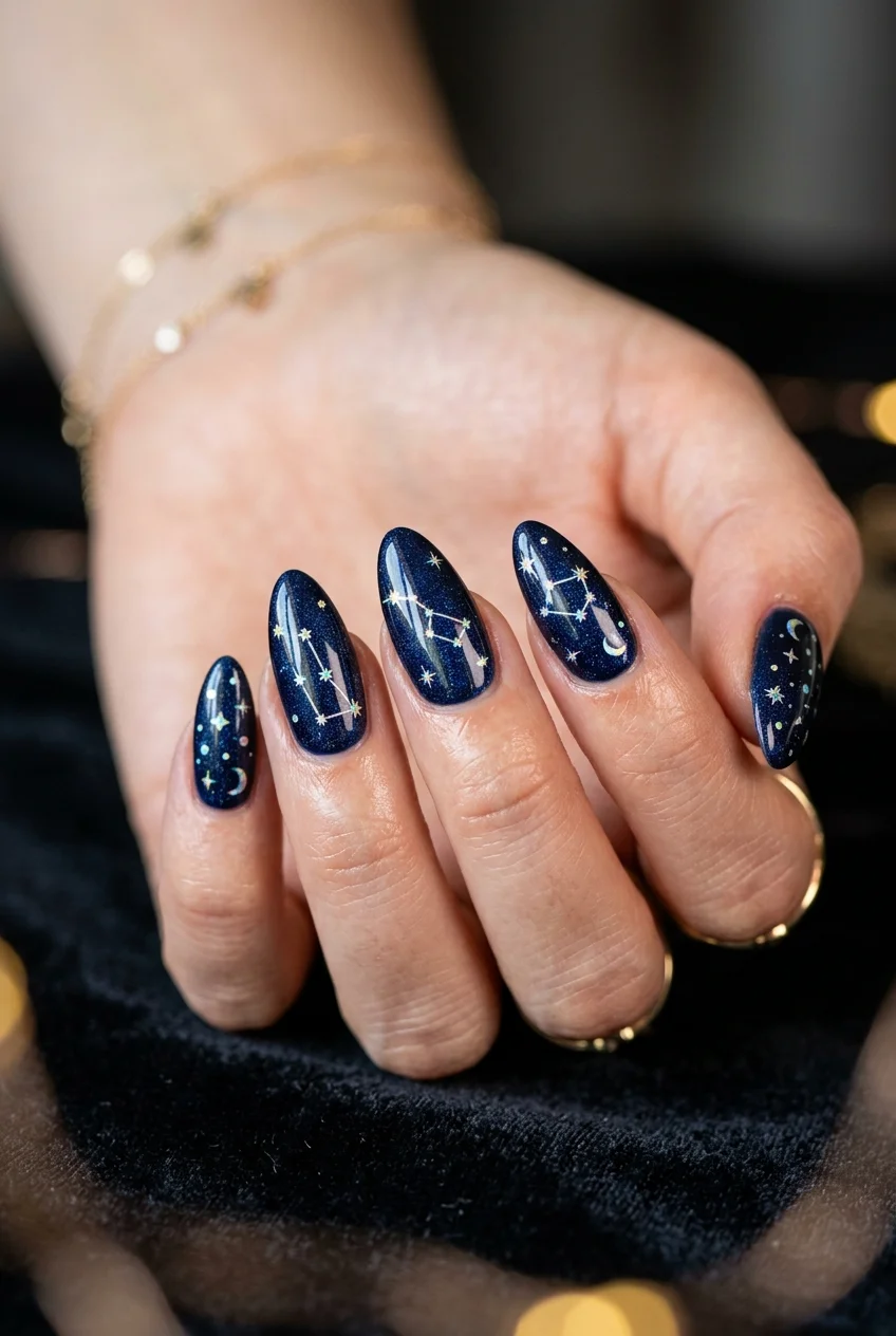 5-STAR Holographic Constellation & Deep Navy Galaxy Nails - stray kids nail designs (AI Generated Image)