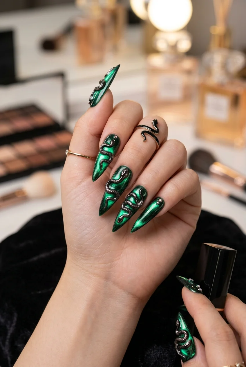 Black Mamba Bioluminescent Emerald & 3D Venom Scales - aespa nail designs (AI Generated Image)