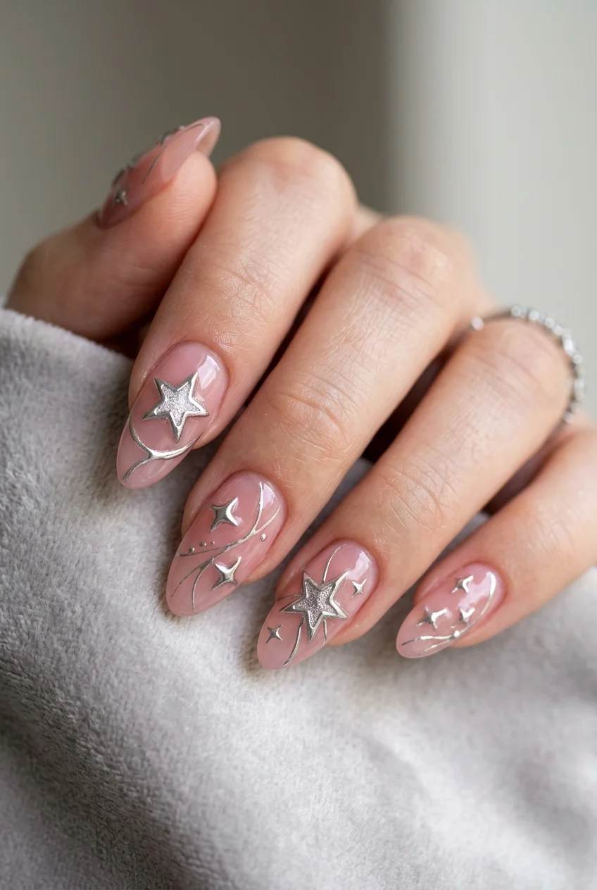 Blush Pink Korean Syrup Nails with Silver Cyber Stars - aespa nail designs (AI Generated Image)