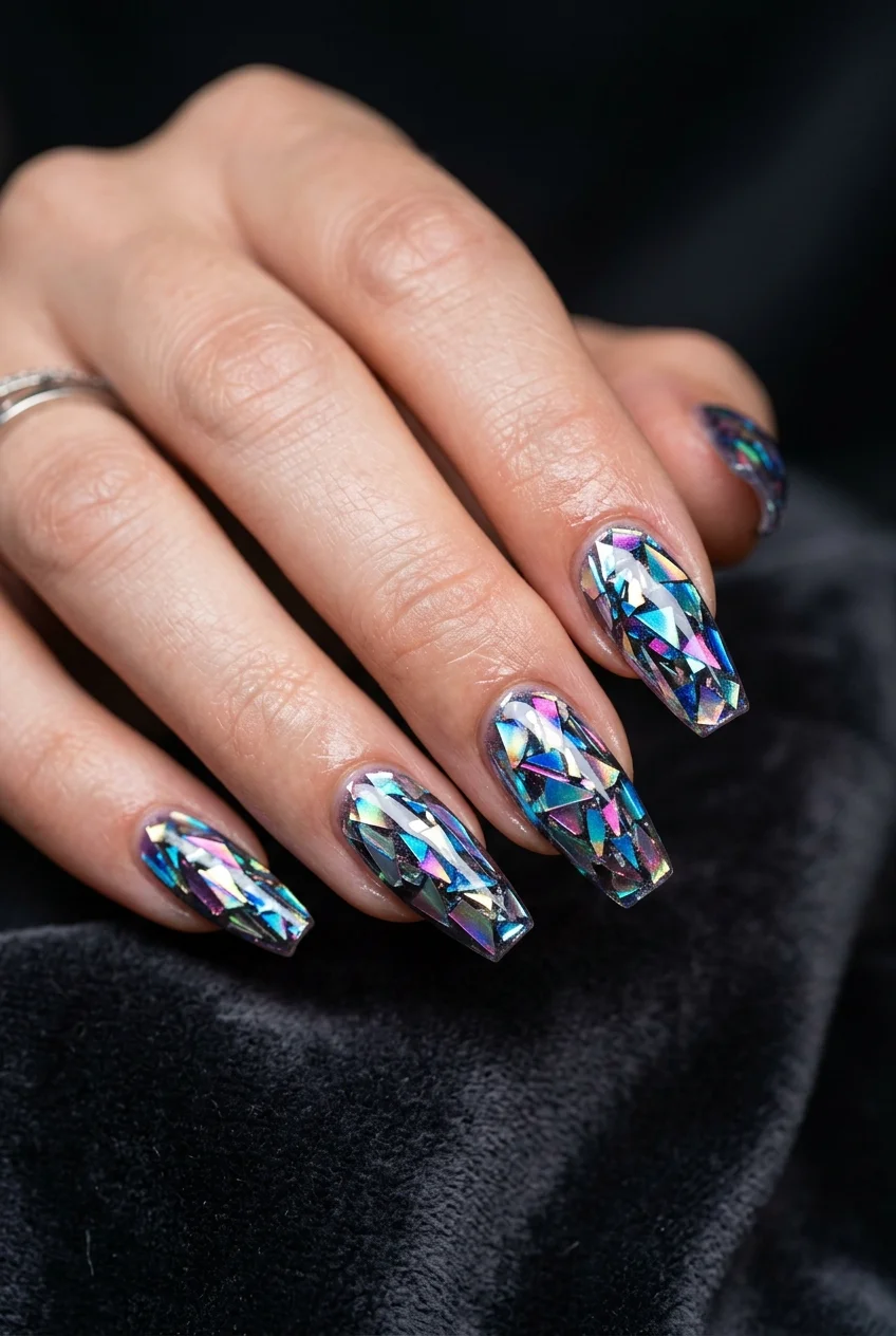 Cyberpunk Holographic Shattered Glass Coffin Nails - aespa nail designs (AI Generated Image)