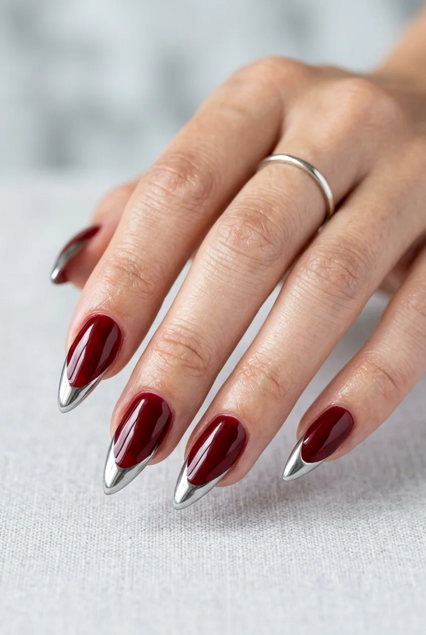 Drama Era Crimson Syrup & Razor-Sharp Chrome French - aespa nail designs (AI Generated Image)