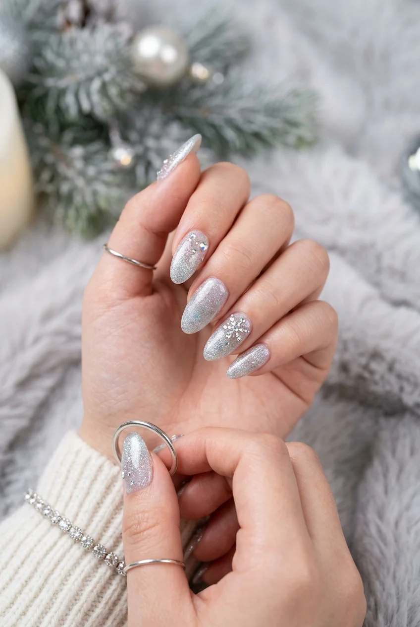 Frosted Ice Queen Silver Ombré with Crystal Rain - aespa nail designs (AI Generated Image)