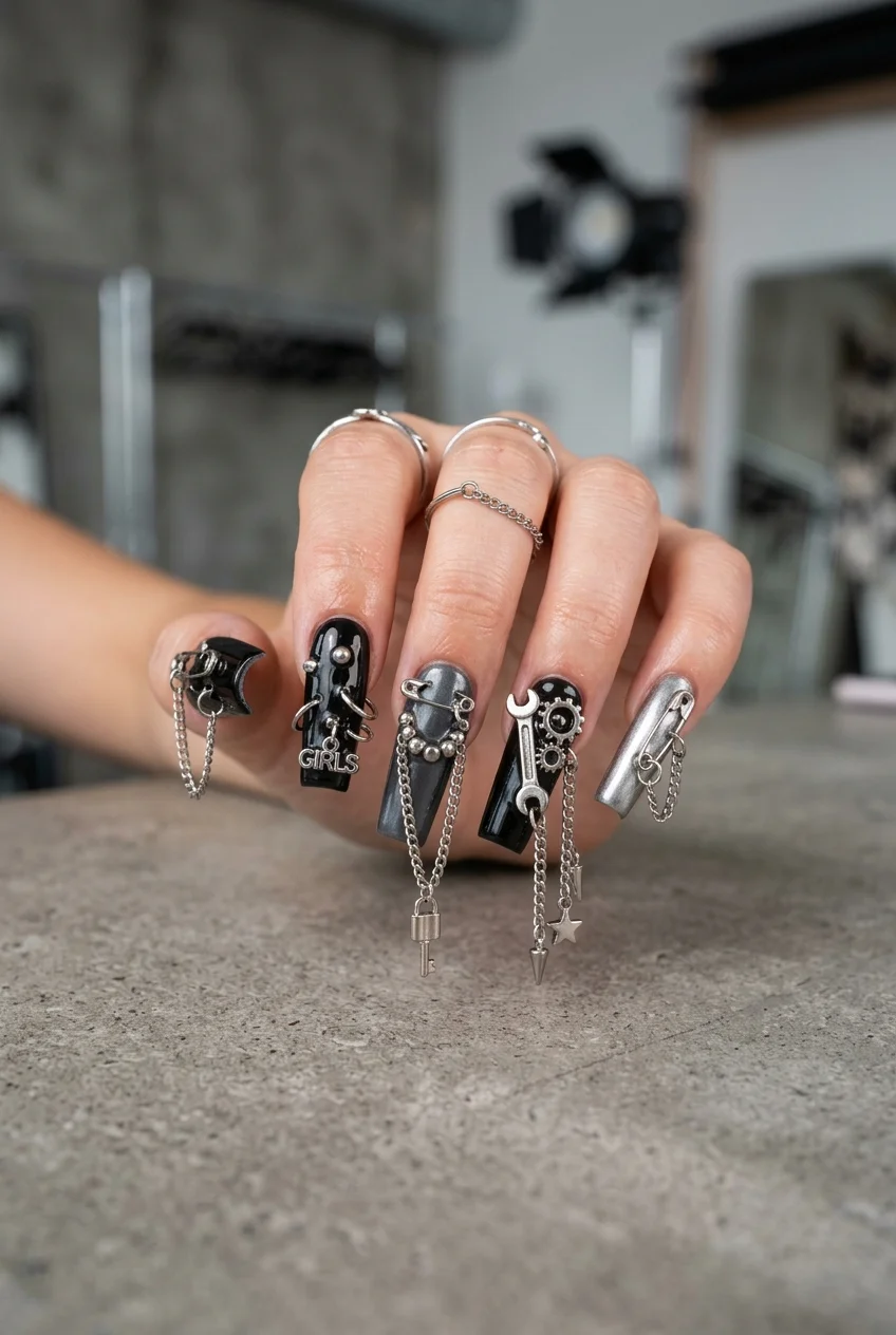 Girls Era Heavy Industrial Pierced Charms & Coffin Tips - aespa nail designs (AI Generated Image)