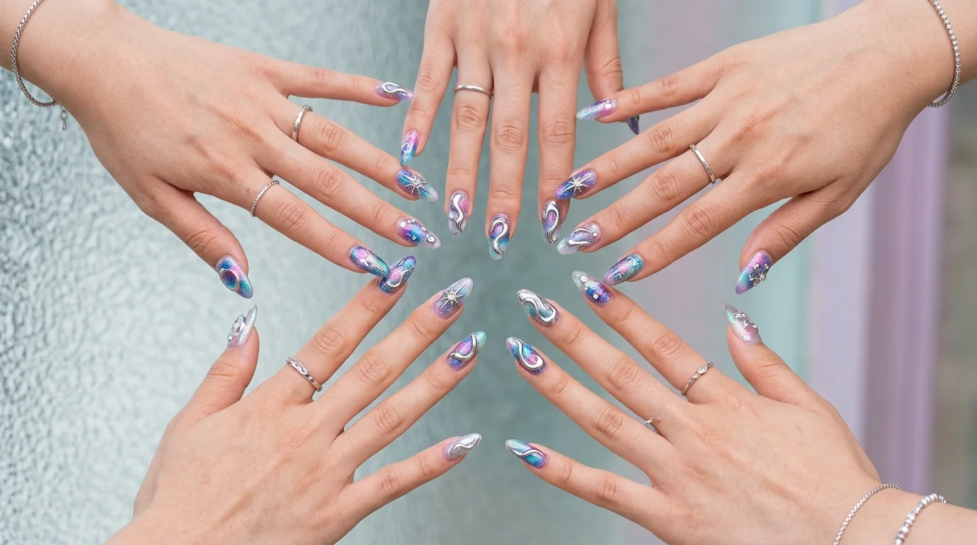 Futuristic aespa nail designs featuring liquid chrome 3D metallic ribbons and silver starbursts (AI Generated Image)