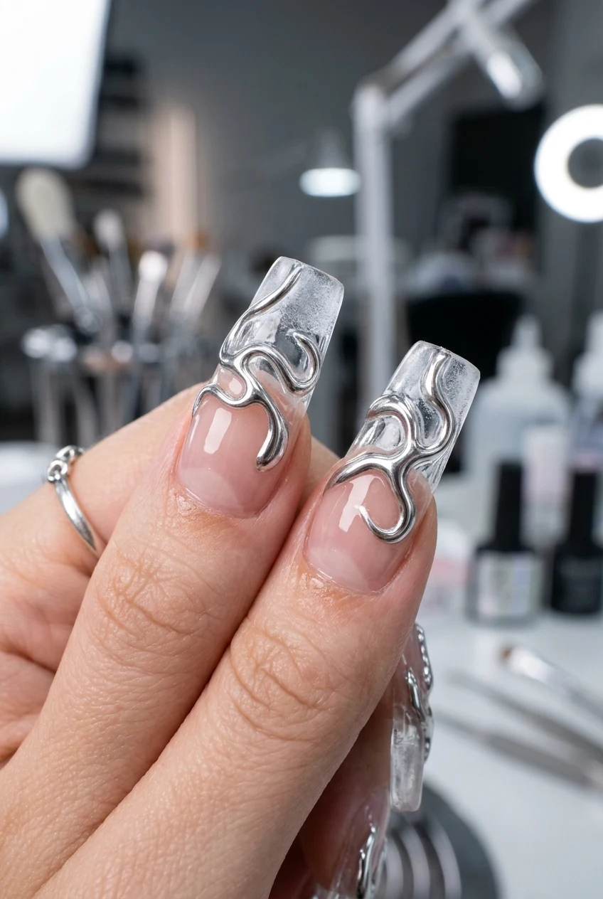 Molten Liquid Silver 3D Chrome Ribbons - aespa nail designs (AI Generated Image)