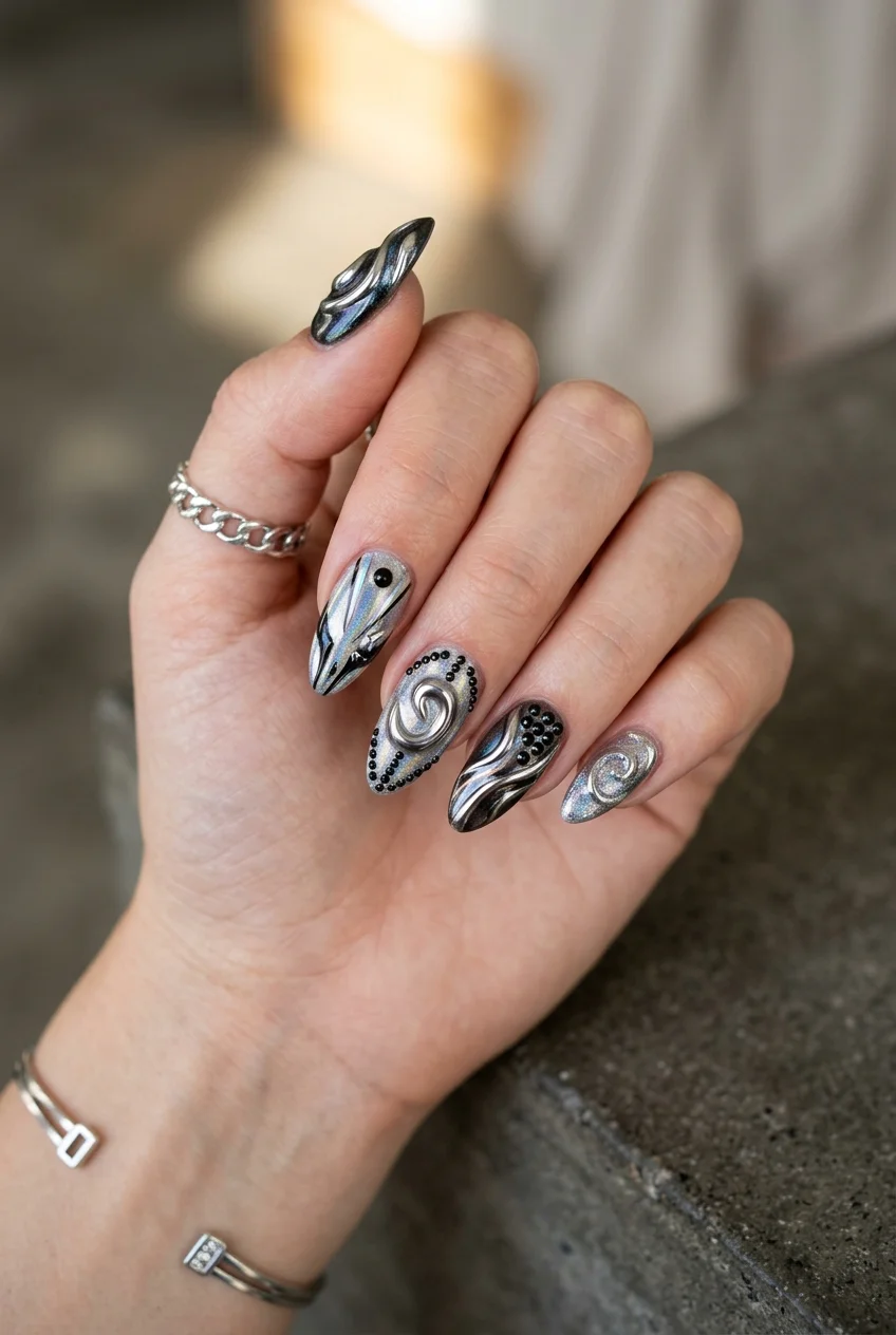 Ningning Edgy Asymmetric Mismatched Cyber Nail Set - aespa nail designs (AI Generated Image)