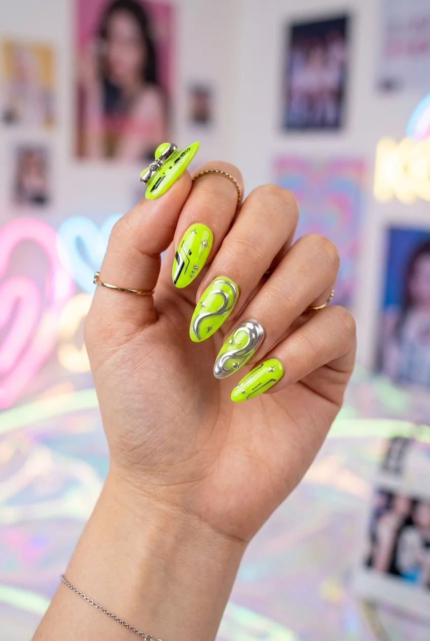Ningning Neon Lime Cyber-Pop Accents Over Glossy Black - aespa nail designs (AI Generated Image)