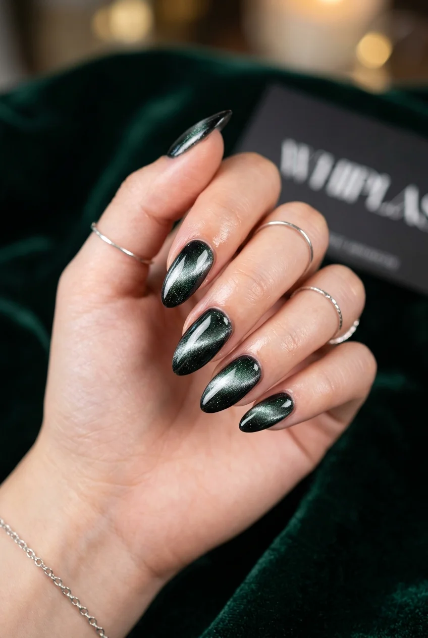 Whiplash Magnetic Cat Eye Velvet Nails with Chrome Drips - aespa nail designs (AI Generated Image)