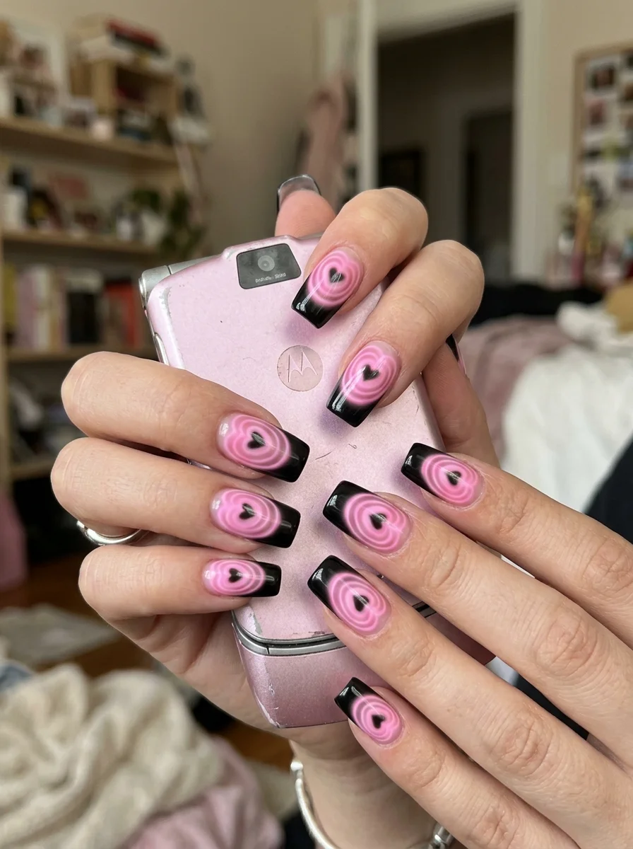 Airbrushed Heart Beam Y2K French Nails in Bubblegum & Jet - blackpink nail designs (AI Generated Image)