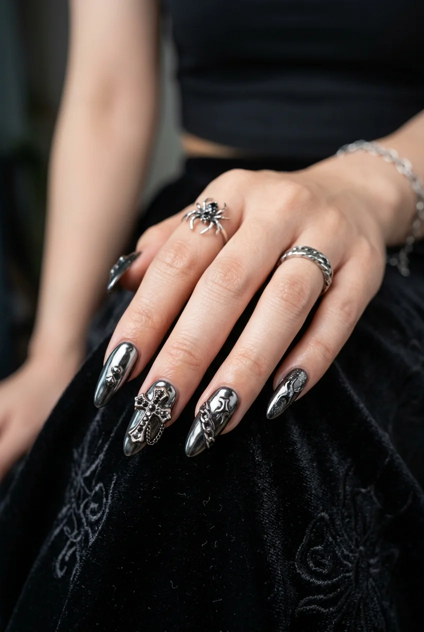 Armageddon Dark Chrome & Gothic Cross Embellishments - aespa nail designs (AI Generated Image)