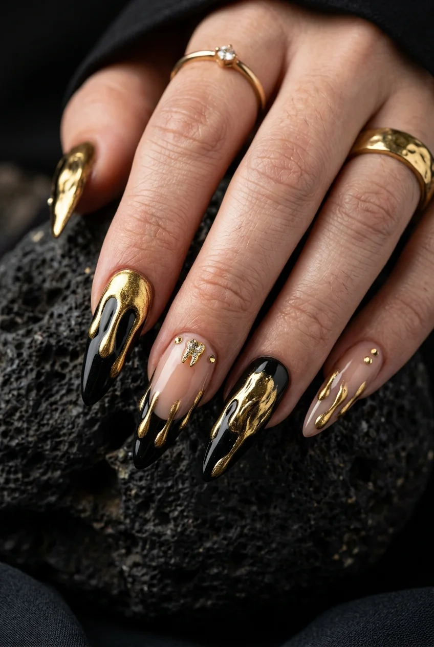 ATE Album Tooth Gem & Molten Gold Chrome Accent Nails - stray kids nail designs (AI Generated Image)