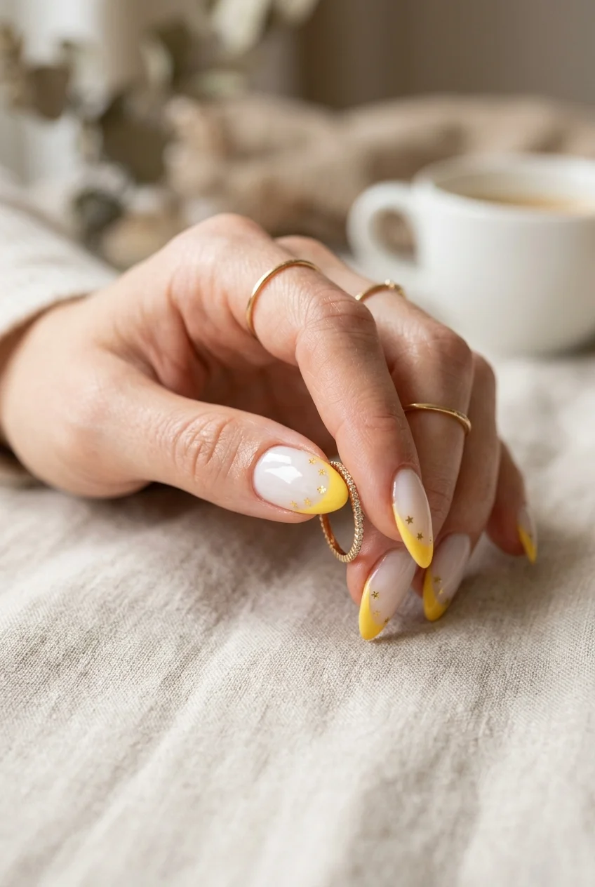 BbokAri Sunshine Yellow & Felix Freckle Star Glitter Nails - stray kids nail designs (AI Generated Image)