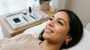 Professional light volume lash extensions salon setup with client and feathery lash sets
