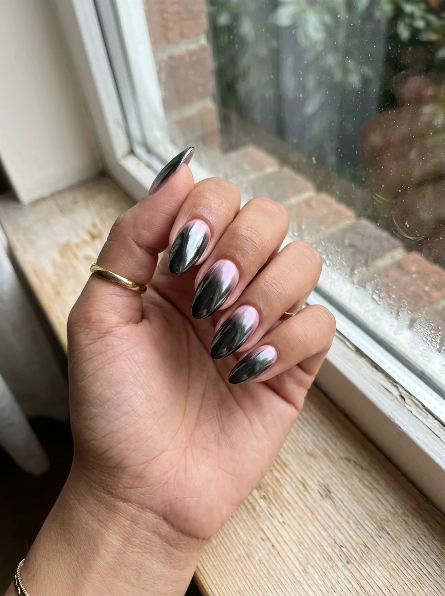 Black Chrome Mirror Glaze over Barbiecore Pastel Pink Base - blackpink nail designs (AI Generated Image)