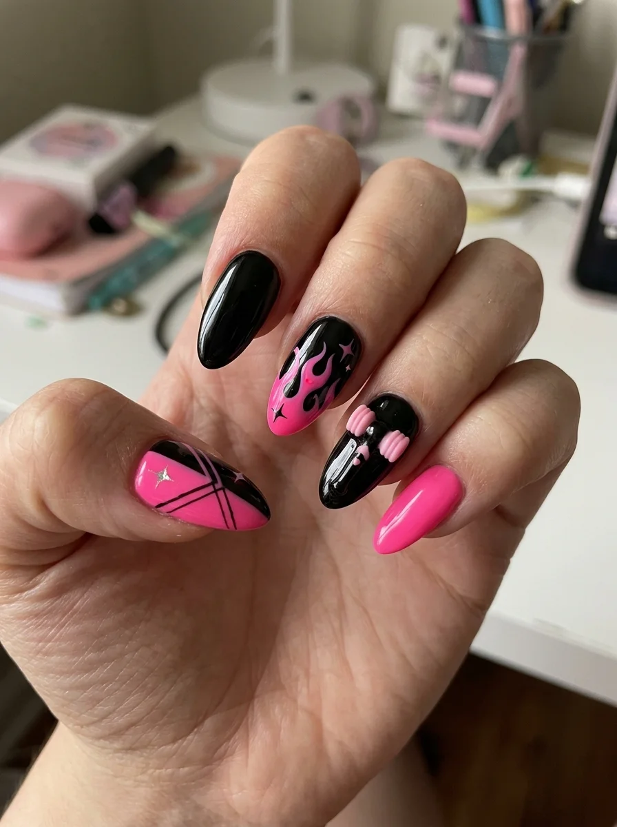 Blackpink Lightstick Heart Hammer Motif Accent Manicure - blackpink nail designs (AI Generated Image)