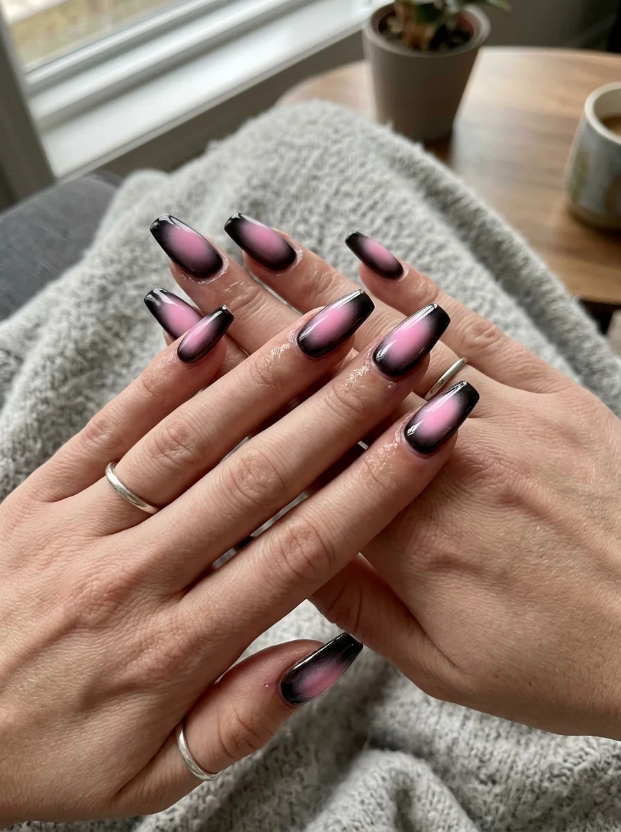 Born Pink Airbrushed Aura Nails with Deep Black Vignette - blackpink nail designs (AI Generated Image)
