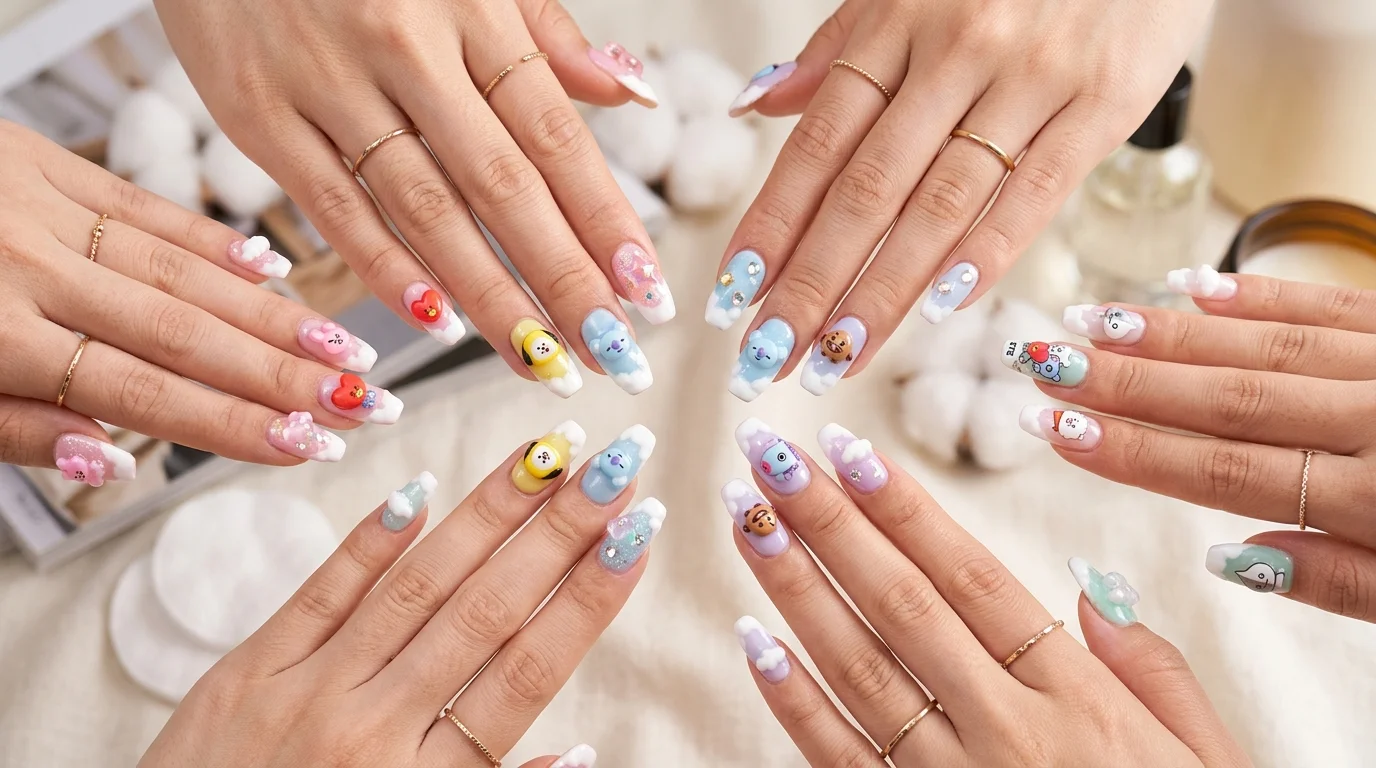 BT21 nail art featured manicure set on pastel sweater (AI Generated Image)