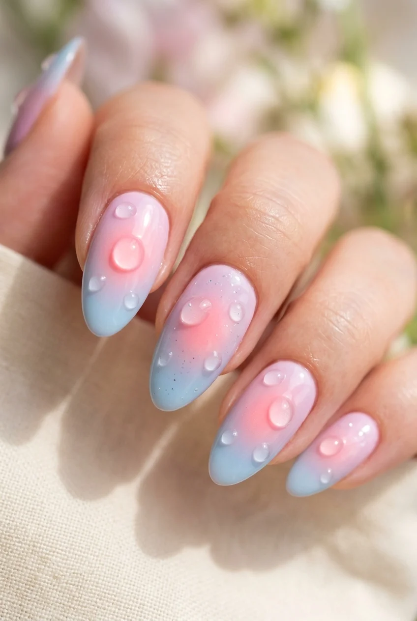 newjeans nail art bubble gum pastel aura airbrush nails with dewdrop gel (AI Generated Image)