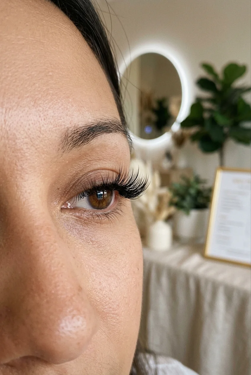 CC-curl wispy hybrid lash extensions providing dramatic lift to hooded eyes (AI Generated Image)