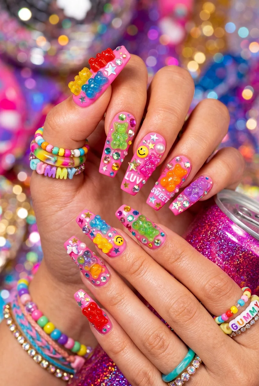 newjeans nail art chunky y2k gummy bear and rhinestone charm overload nails (AI Generated Image)