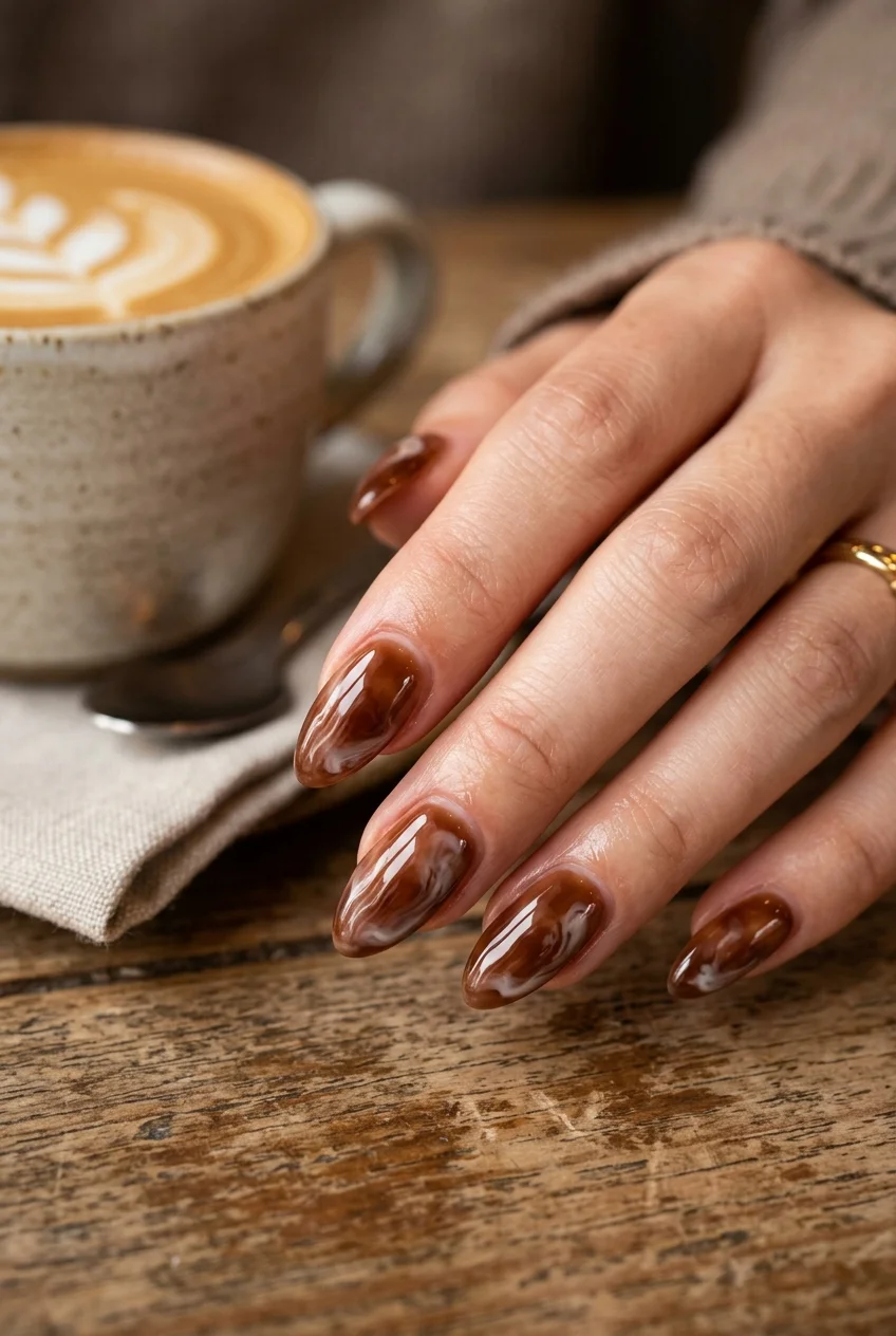 newjeans nail art cookie sweet chocolate brown syrup and milky swirl nails (AI Generated Image)