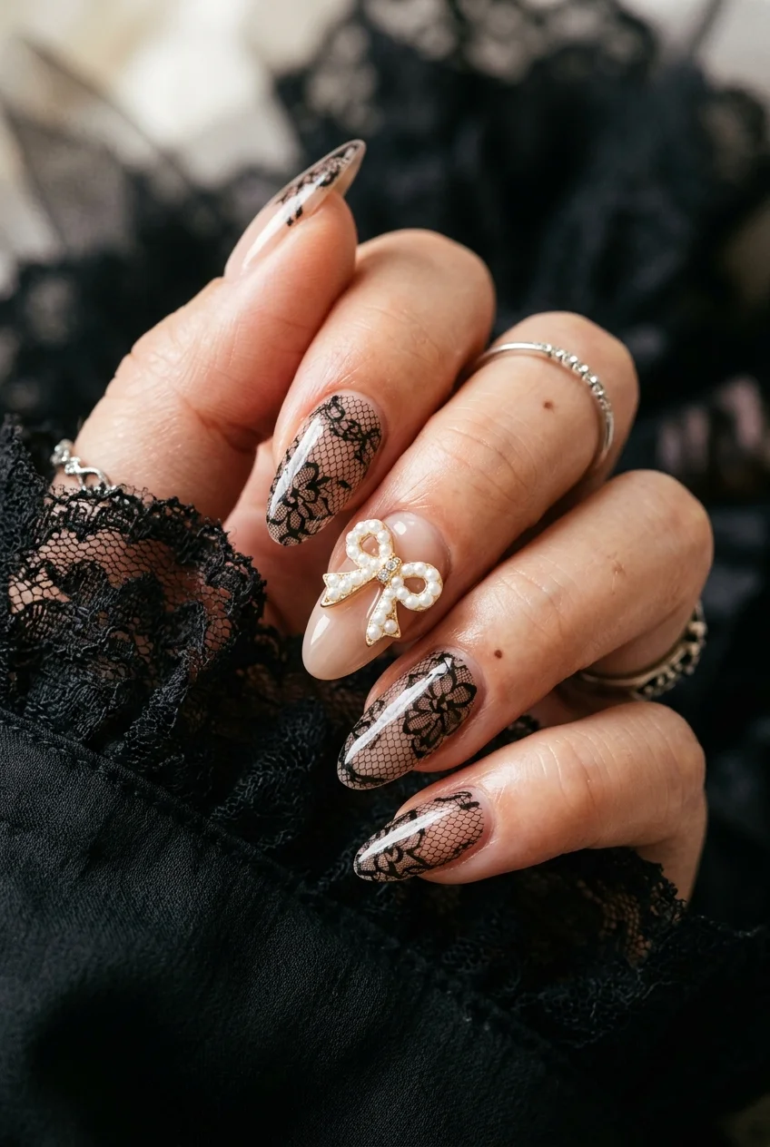Coquette-Grunge Black Lace & Pearl 3D Bow Accent Nails - stray kids nail designs (AI Generated Image)